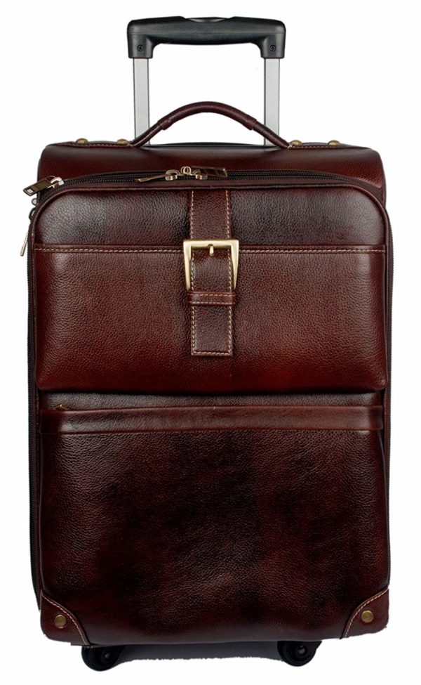 LEATHER TROLLEY TRAVEL BRIEFCASE. ( BROWN/BLACK ) EXPORT/IMPORT QUALITY).